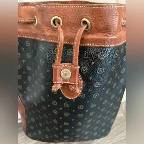 POLLINI Shoulder BUCKET bag Brown/Black  VINTAGE Leather heavy RRP £390 - Picture 2 of 10